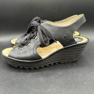 FLY London Ylfa Wedge Peep Toe Black Leather Sandals Women's EU 39 US 9/9.5